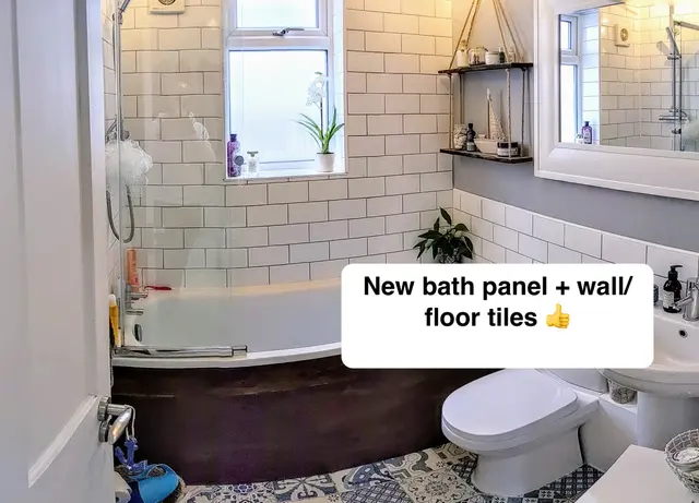 Bathroom tiling — new bath panel, wall tiles and floor tiles