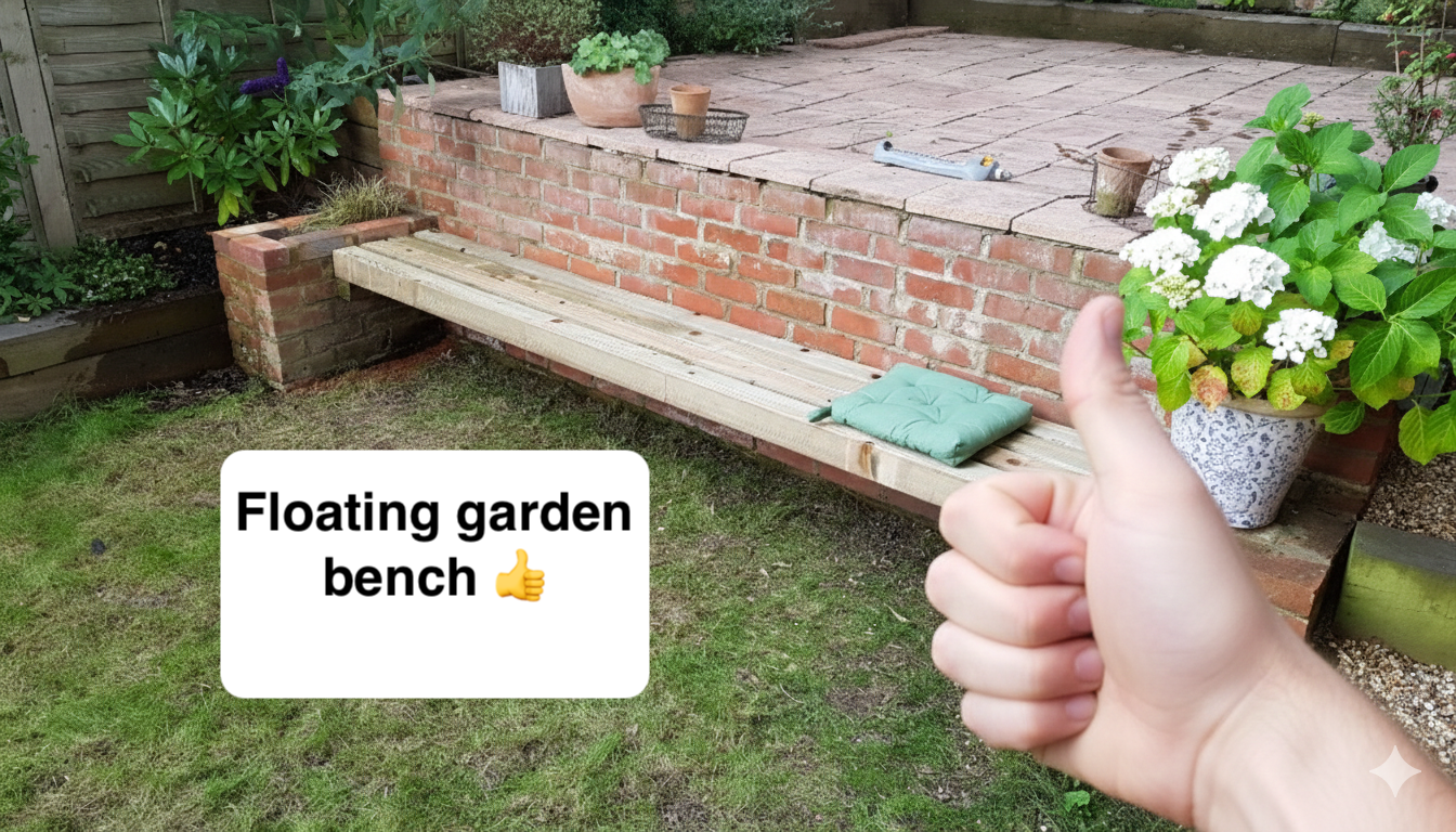 Custom floating garden bench built against a brick wall