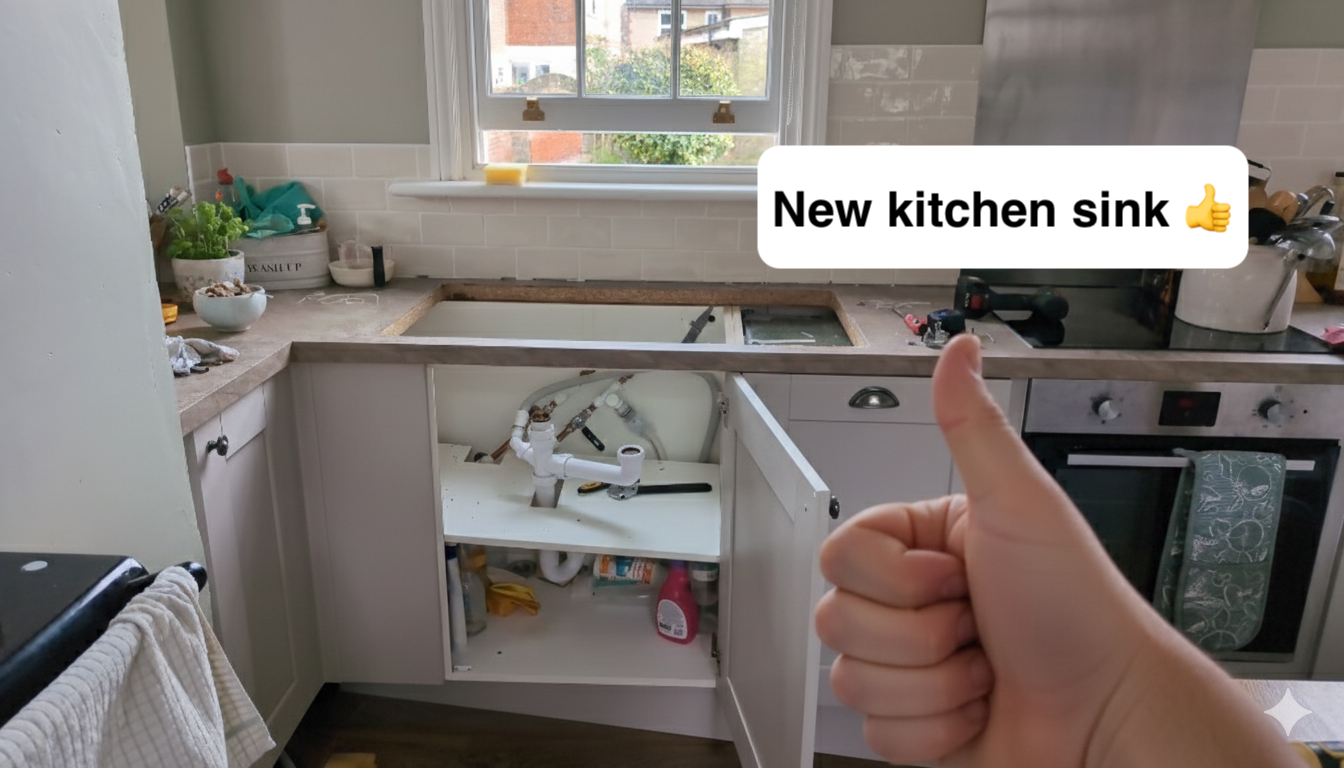 New kitchen sink installation with plumbing